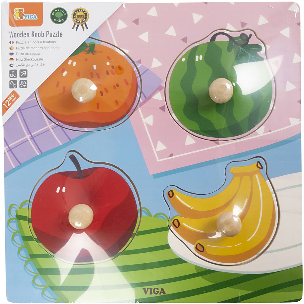 Viga puzzles boutons en bois, fruits, dim. 22x22 cm, 4 parties, 1 pièce