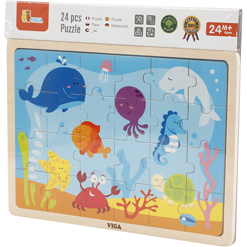Viga puzzles en bois, animaux marins, dim. 30x22,5 cm, 24 pièces, 1 pièce