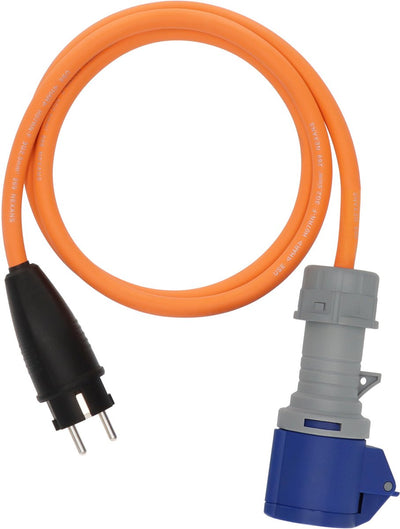Câble adaptateur de camping Brennerstuhl avec fiche de terre et couplage CEE avec indicateur de tension LED (câble de 1,5 m en orange, H07RN-F 3G2.5, 230 V 16 A, utilisation permanente en extérieur IP44, fabriqué en Allemagne)
