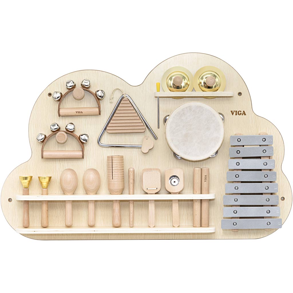 Planche d'activités Viga avec instruments à percussion, h : 48 cm, l : 75, l : 6,6, 12 parties 1 boîte