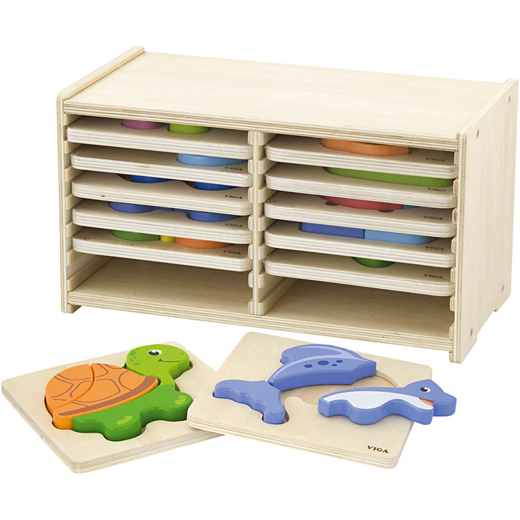 Viga porte-puzzles avec 12 puzzles, h : 17,5 cm, l : 31,5, l : 16 cm, 2 parties, 12 parties 1 set
