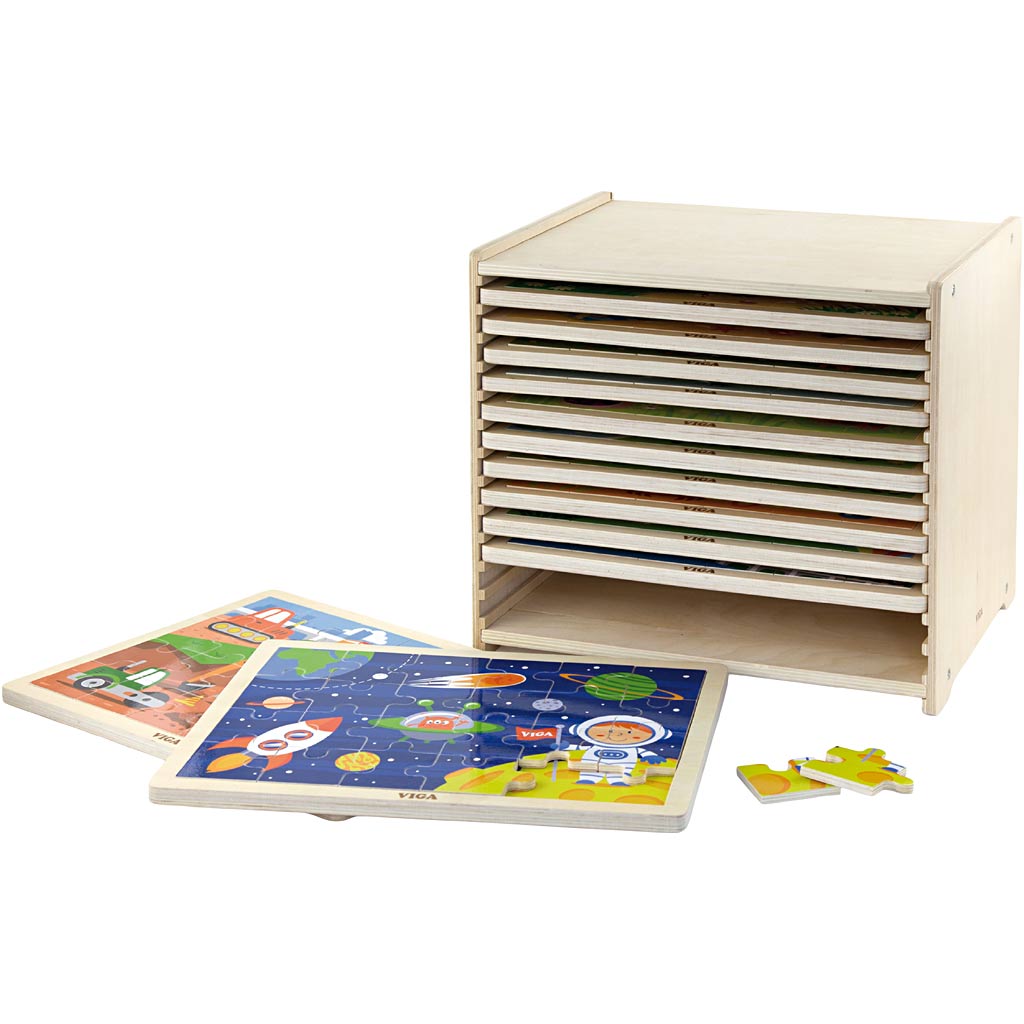 Viga porte-puzzles avec 12 puzzles, h : 275, l : 315 mm, l : 235 mm, dimensions 31x27x23 cm, 12x24 pièces, 12 pièces 1 set