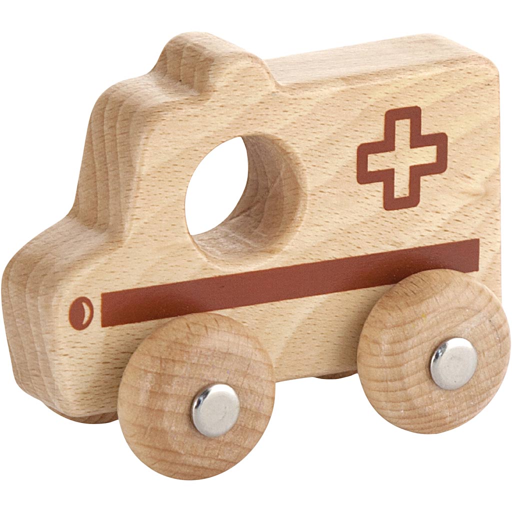 Voiture en bois Viga, ambulance, h : 4,2 cm, l : 9 cm, l : 7,5 cm, 1 pièce