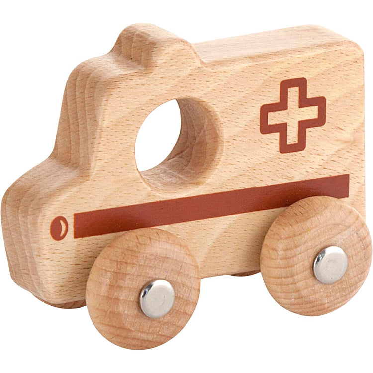 Voiture en bois Viga, ambulance, h : 4,2 cm, l : 9 cm, l : 7,5 cm, 1 pièce