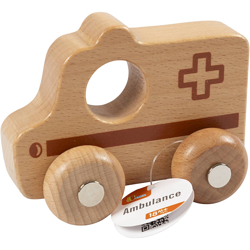 Voiture en bois Viga, ambulance, h : 4,2 cm, l : 9 cm, l : 7,5 cm, 1 pièce