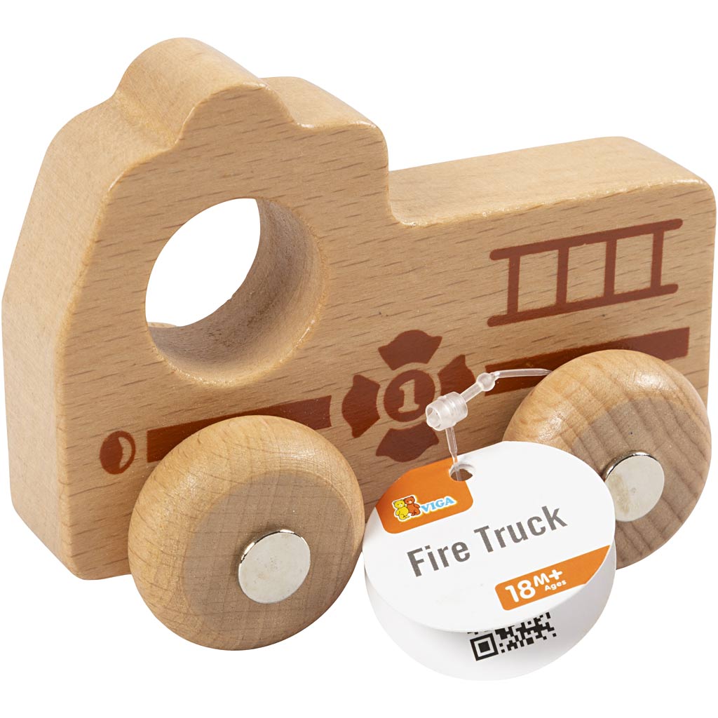 Voiture en bois Viga, camion de pompiers, h : 4,3 cm, l : 9 cm, l : 7,5 cm, 1 pièce