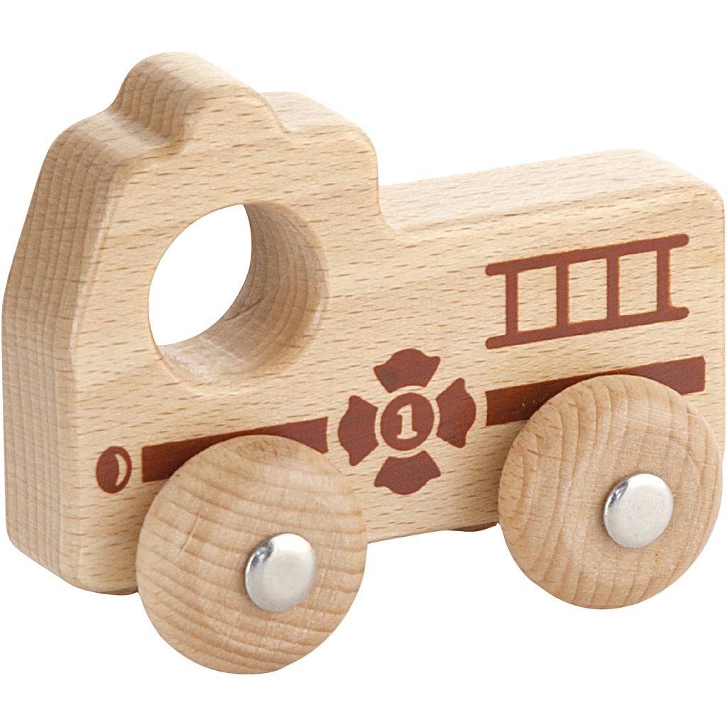 Voiture en bois Viga, camion de pompiers, h : 4,3 cm, l : 9 cm, l : 7,5 cm, 1 pièce
