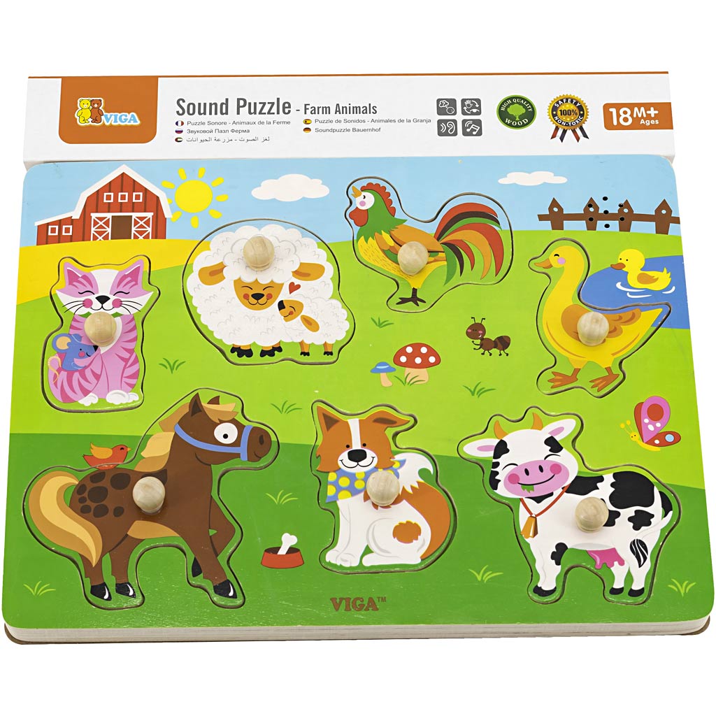 Viga puzzle en bois avec son, animaux de la ferme, dimensions 33x22,5x3 cm, 1 pièce