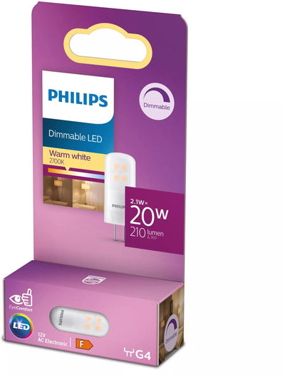 Capsule LED Philips économe en énergie transparente - 20 W - G4 - lumière blanc chaud à intensité variable - économisez sur les coûts énergétiques