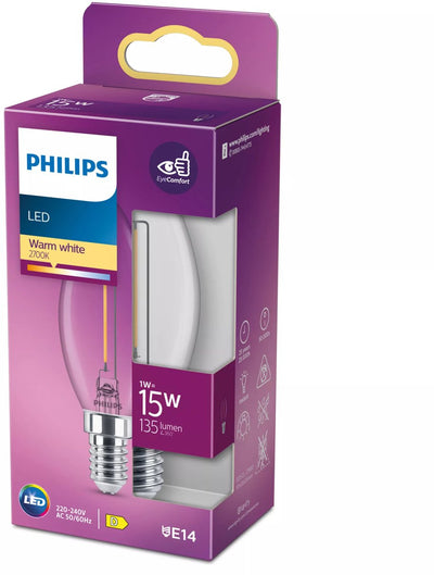Lampe LED Philips - lampe bougie avec culot E14 - lumière blanc chaud : 2700k - 15w - verre transparent
