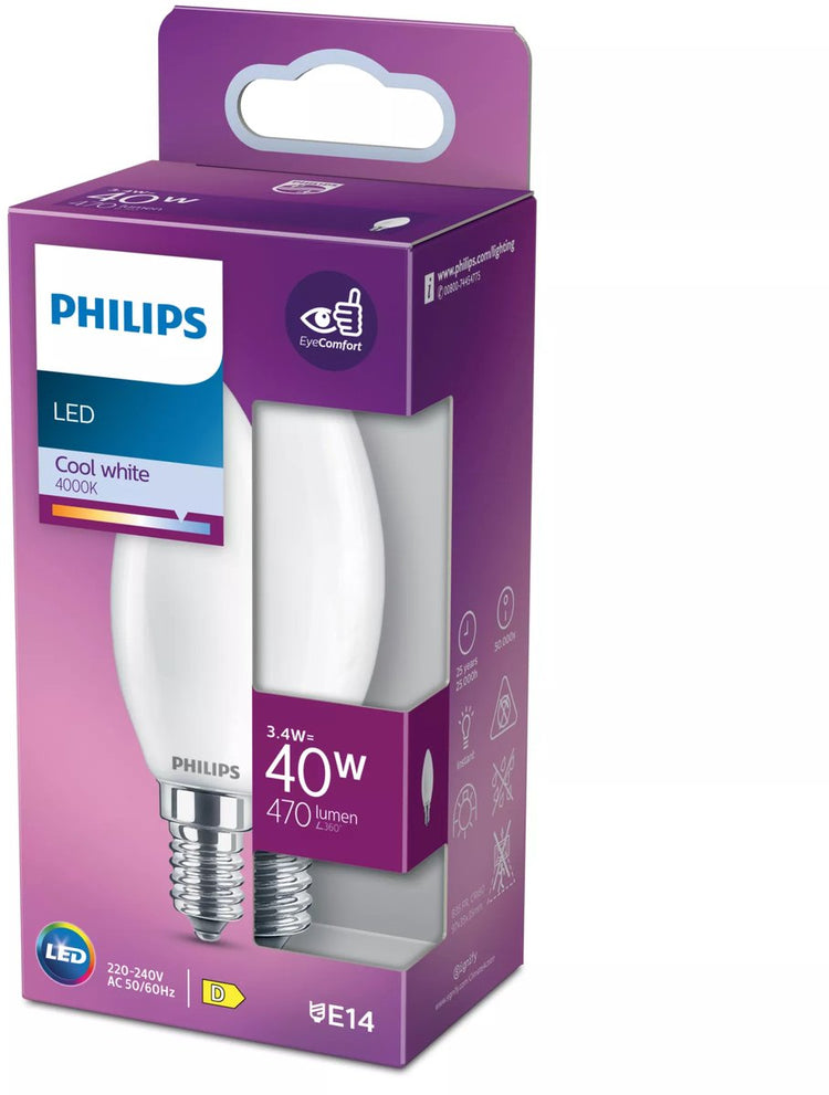 Lampe LED Philips - lampe bougie avec culot E14 - lumière blanc froid : 4000k - 40w - verre dépoli