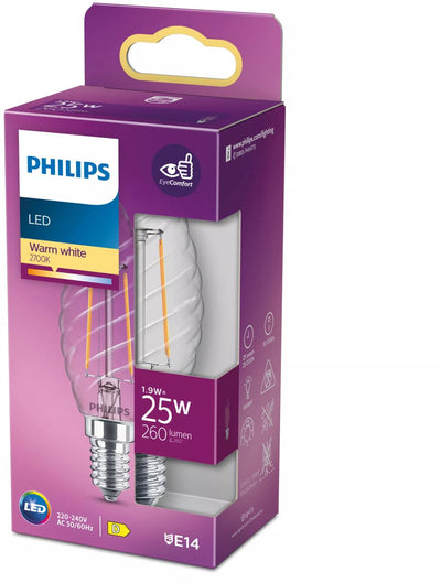 Lampe LED Philips - lampe bougie avec culot E14 - lumière blanc chaud : 2700k - 25w - verre nervuré transparent