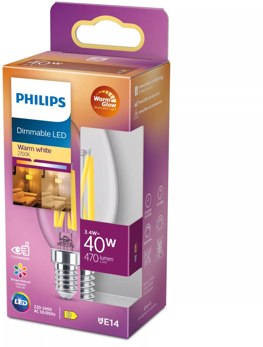 Bougie LED Philips transparente - 40 W - E14 - lumière blanc chaud dimmable