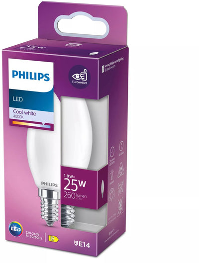 Lampe LED Philips - lampe bougie avec culot E14 - lumière blanc froid : 4000k - 25w - verre dépoli