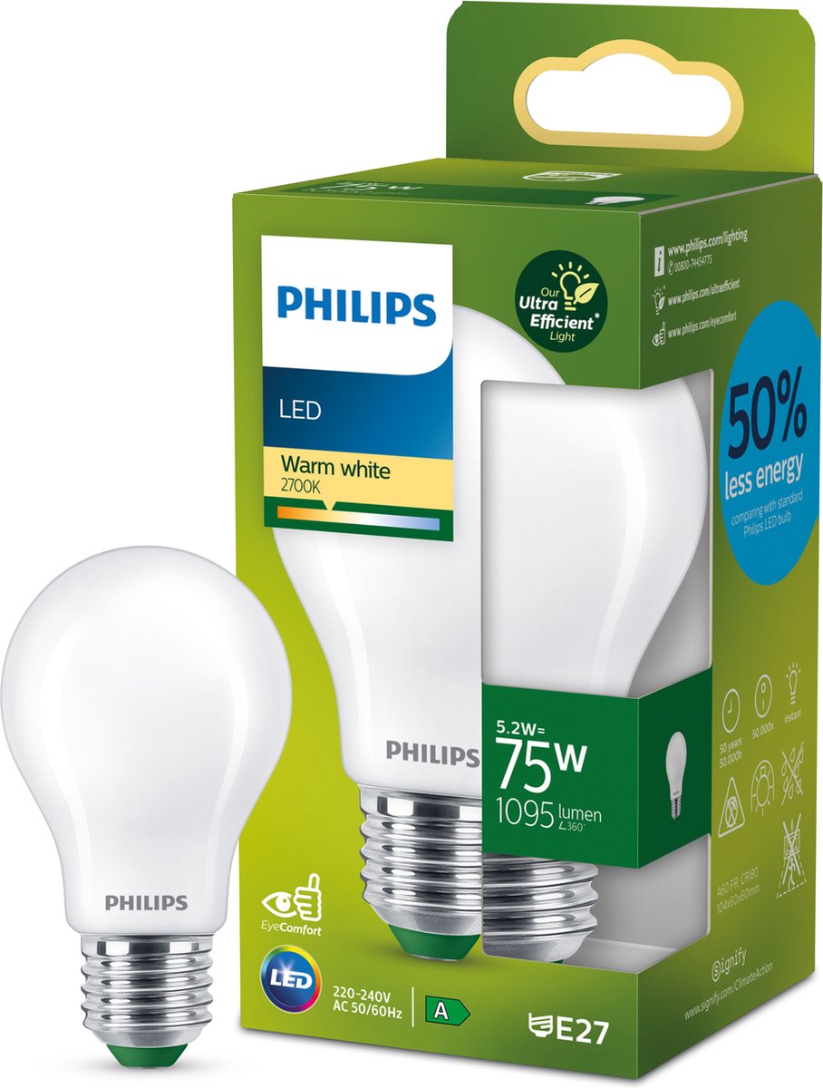 Philips LED Lampe LED Philips ultra efficace mate - 75 W - E27 - lumière blanc chaud