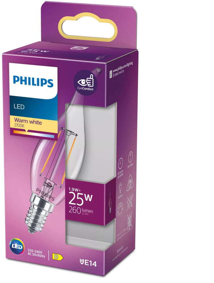 Philips Bougie à embout LED E14 2-25W 2700K filament blister transparent - 5100554
