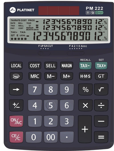 Calculatrice de bureau Platinet pmc222te - calculatrice 12 chiffres max. 3 lignes, fonction taxe et énergie solaire