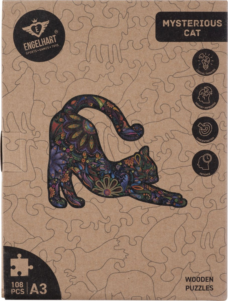 Chat de puzzle en bois Engelhart - 108 pièces de puzzle uniques - Grand puzzle en bois de taille A3 - Jeu de puzzle d'animaux - Jeu de réflexion compact et relaxant - Avec étui de rangement -
