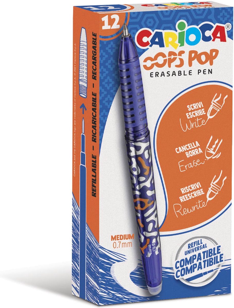 Carioca gel roller oops pop, moyen, effaçable, boîte de 12 pièces, bleu