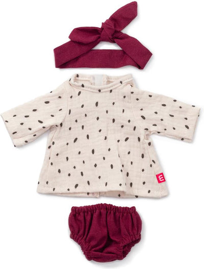 Poupées Miniland ml : ensemble de vêtements blanc bordeaux pour fille 38cm, 3 pièces, robe, pantalon et ruban pour cheveux, avec cintre, 3+