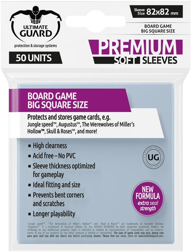 Pochettes souples premium Ultimate Guard pour cartes de jeux de société Big Square (50) pochettes pour cartes de jeux de société