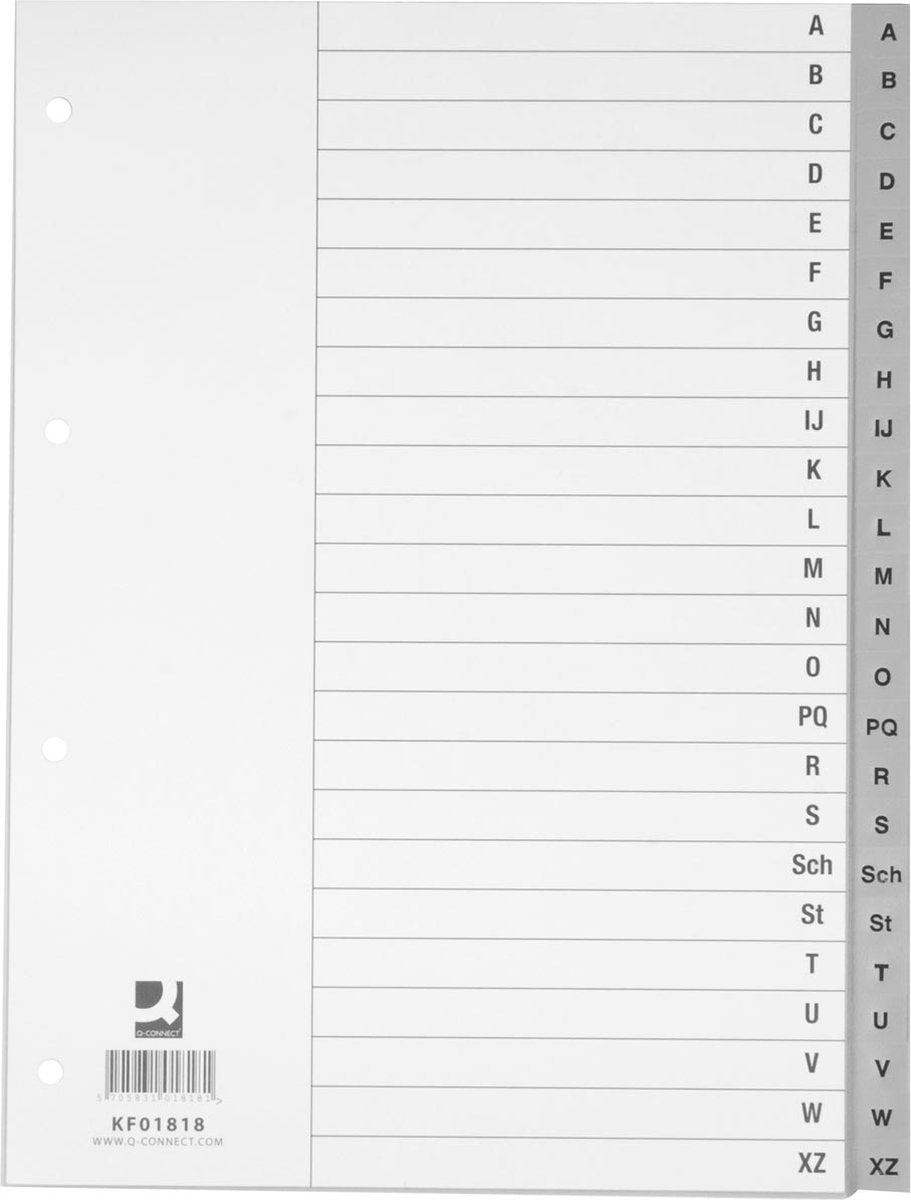 Onglets alphabétiques Q-connect, a4, pp, avec feuille d'index, 24 onglets, gris