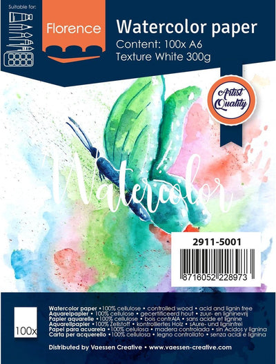 Papier aquarelle Florence vaessen - blanc intense - a6 - 300 grammes - structure légère - texture - florence - 100 feuilles