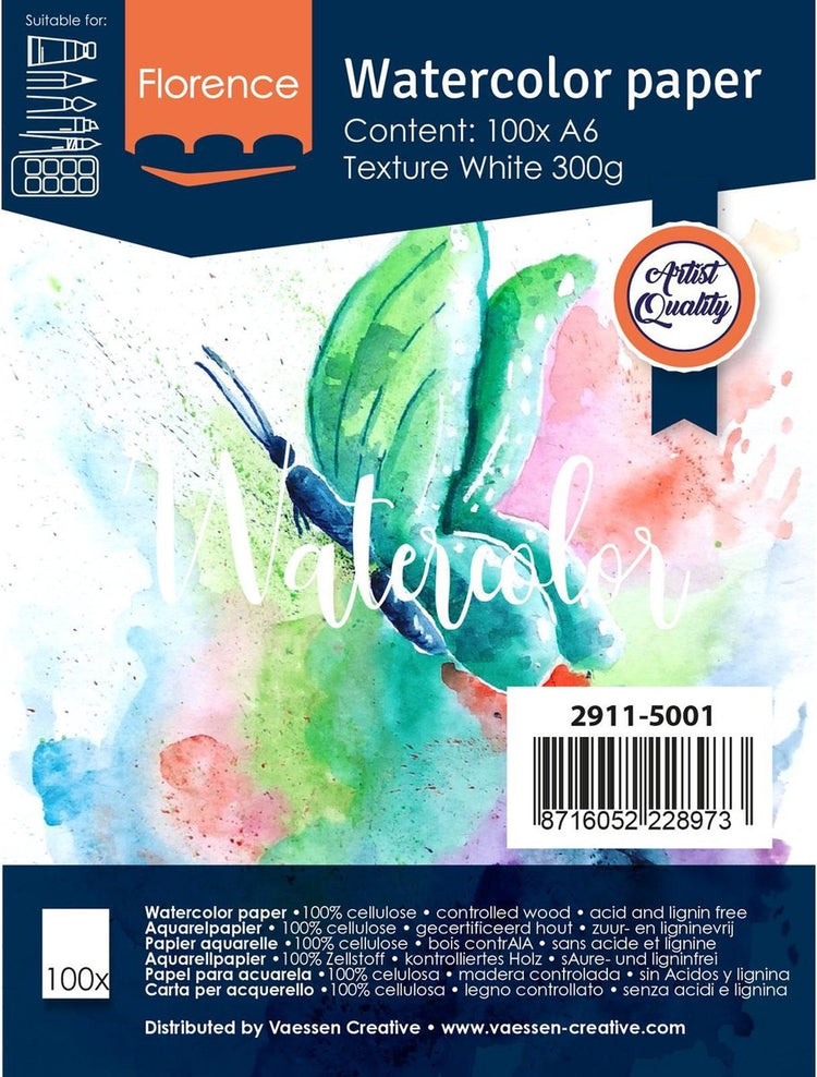 Papier aquarelle Florence vaessen - blanc intense - a6 - 300 grammes - structure légère - texture - florence - 100 feuilles