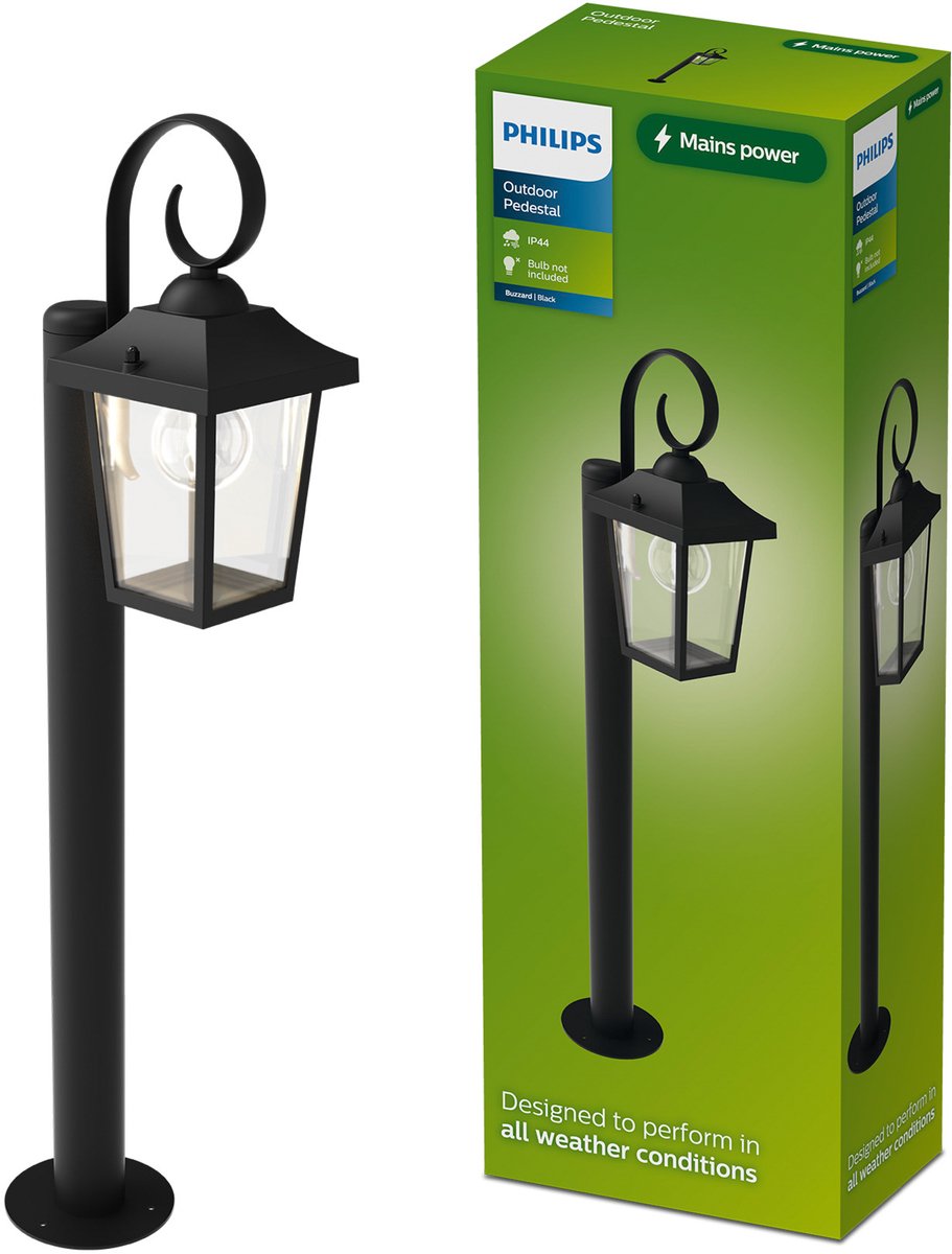 Lampe sur pied Philips LED Philips Buzzard - éclairage extérieur - culot E27 - résistant aux intempéries : IP44 - noir - aluminium et verre de haute qualité - design classique
