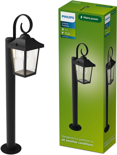 Lampe sur pied Philips LED Philips Buzzard - éclairage extérieur - culot E27 - résistant aux intempéries : IP44 - noir - aluminium et verre de haute qualité - design classique