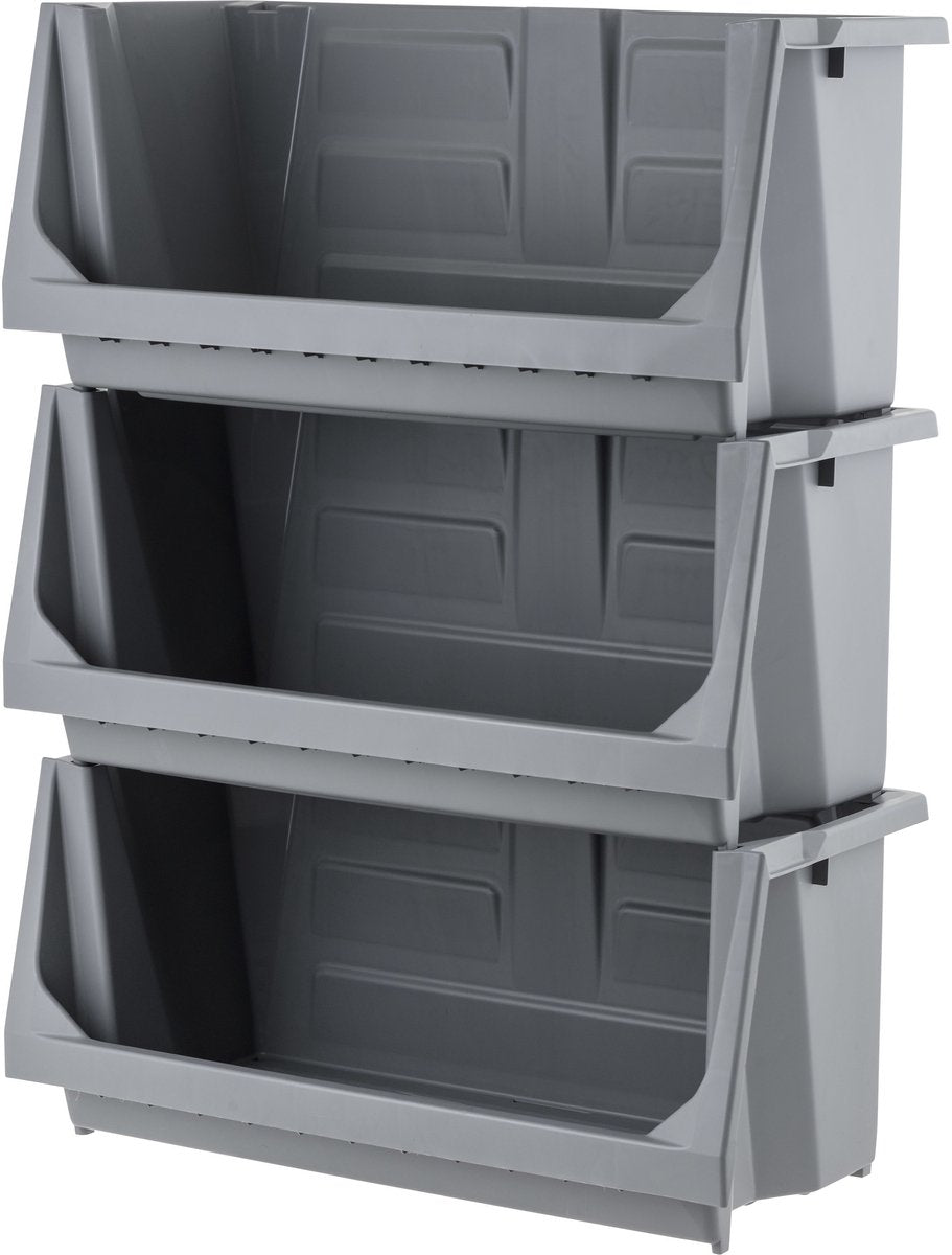 Bac de rangement empilable Iris – ouvert sur le devant – empilable – gris – lot de 3