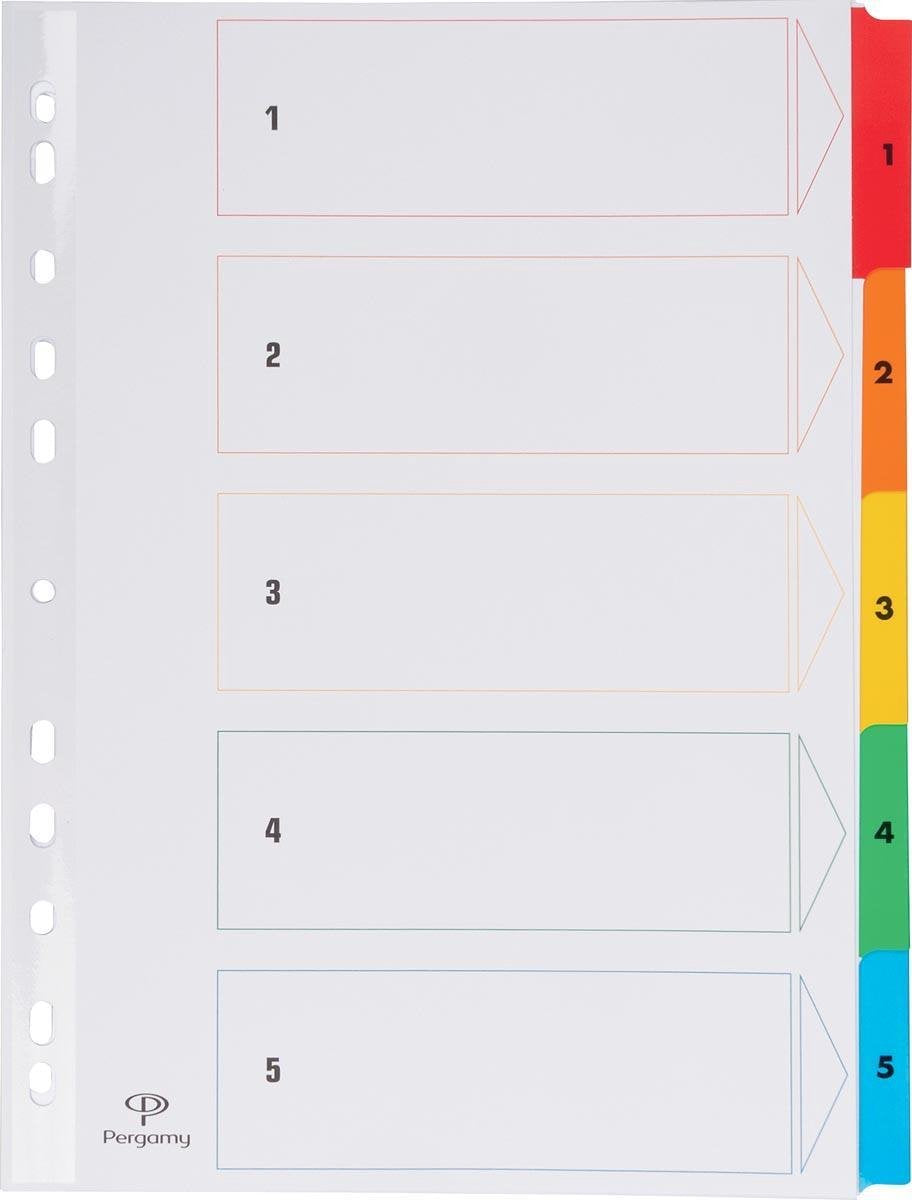 Onglets Pergamy avec feuille d'index, pi a4, perforatrice 11 trous, couleurs assorties, jeu 1-5
