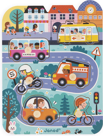 Puzzle boutons Janod - en ville - puzzle en bois de 6 pièces - les piquets en bois sur chaque pièce facilitent la préhension - dès 18 mois