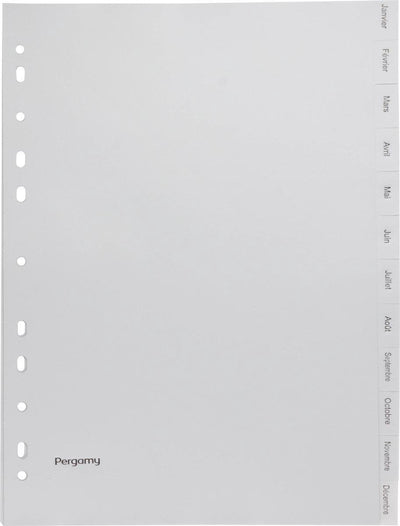 Onglets Pergamy, pi a4, perforatrice 23 trous, pp gris, janvier-décembre