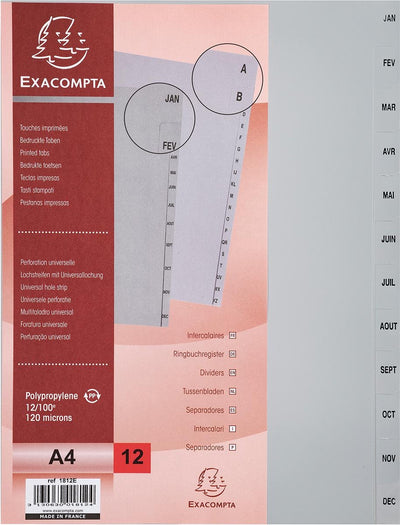 Exacompta onglets mensuels a4, à partir de pp, 12 onglets, janvier-décembre, gris, français