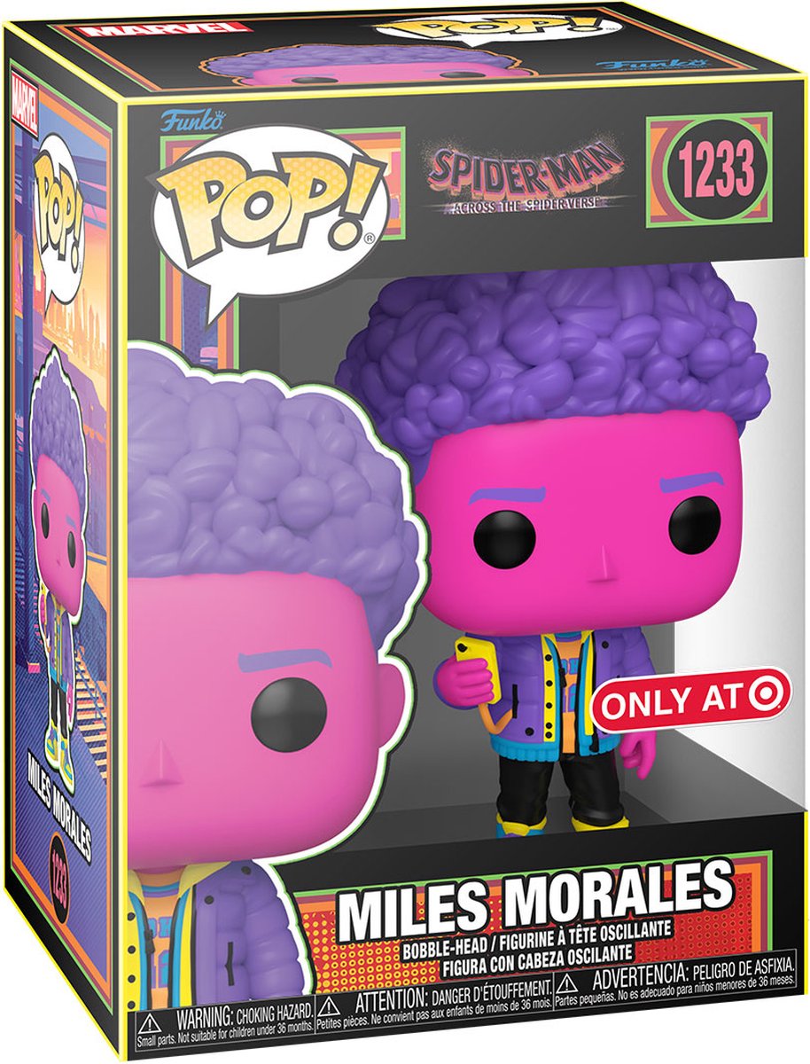 Funko pop merveille : spider-man : à travers le vers d'araignée - miles morales (lumière noire) pop #1233