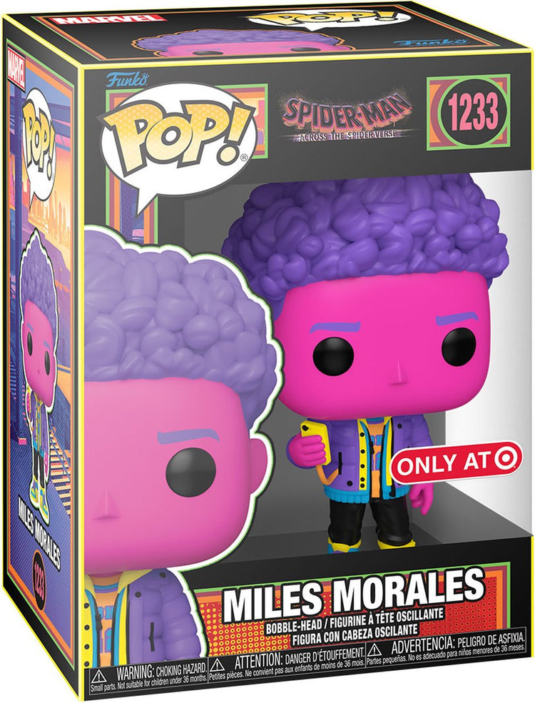 Funko pop merveille : spider-man : à travers le vers d'araignée - miles morales (lumière noire) pop #1233