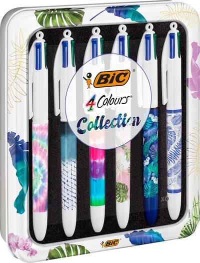 Stylos à bille Bic 4 couleurs - décors botaniques et tie dye - coffret cadeau de 6 stylos - pointe moyenne 1 mm
