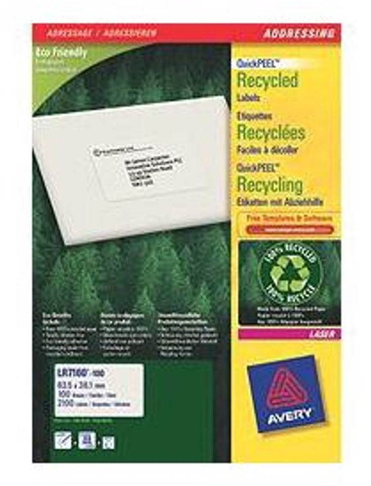 Étiquettes laser blanches recyclées Avery format quickpeel 635 x 381 mm (l x h) 2 100 pièces 21 par feuille