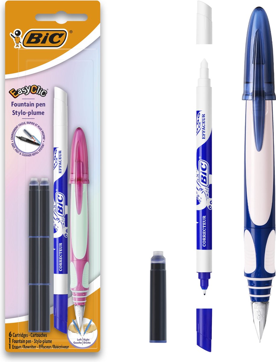 Stylo plume ergonomique Bic easy clic - rose ou bleu - droitier ou gaucher - 1 stylo plume avec gomme à encre et 6 cartouches d'encre