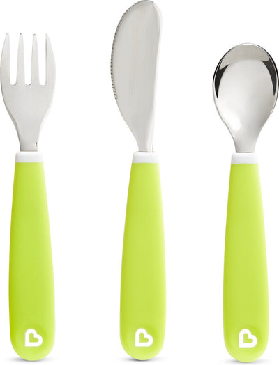 Munchkin couverts pour enfants - set de couverts pour tout-petits splash - fourchette, couteau et cuillère - lot de 3 - set de couverts pour enfants - couleur vert - à partir de 18 mois
