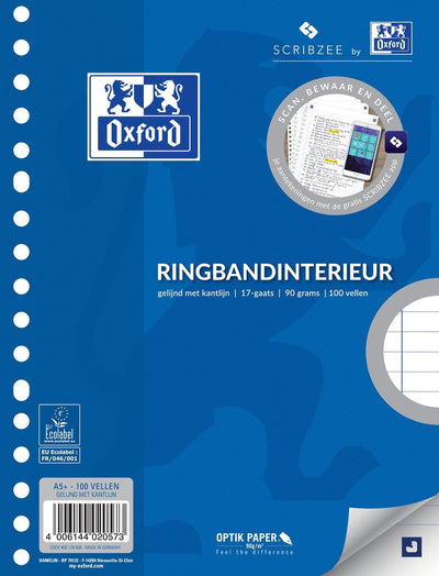 Oxford - papier pour reliure à anneaux - a5 - 17 trous - marge - 100 feuilles - 5 paquets