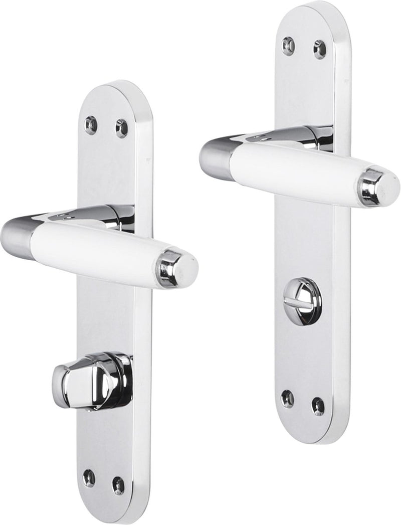 Poignée de porte Impresso - durban - pour l'intérieur - bouclier de porte ovale avec vis et serrure de toilette - chrome - blanc - 2 pièces