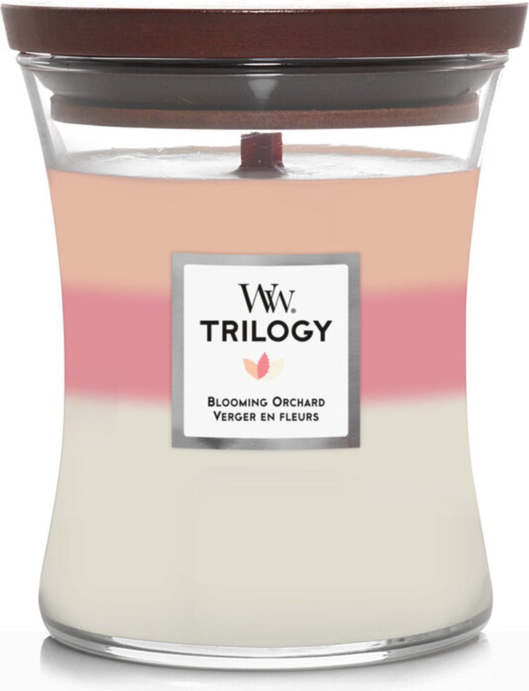 Bougie parfumée moyenne Woodwick Hourglass Trilogy - Verger en fleurs - 60 heures de combustion