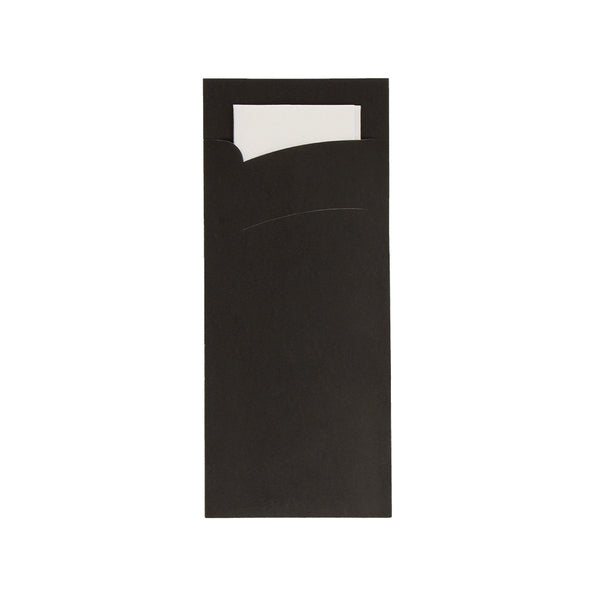 Pochette à couverts noire avec serviette blanche (600 pièces)