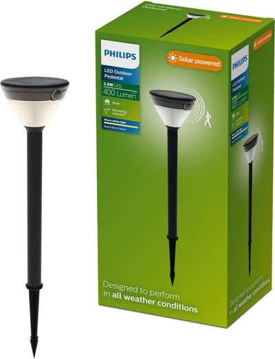 Lampe sur pied solaire Philips LED Philips Kyna - énergie solaire - lumière blanc chaud : 2700k - noir - deux modes d'éclairage - capteur crépusculaire - détecteur de mouvement - IP44 : résistant aux intempéries - éclairage extérieur solaire