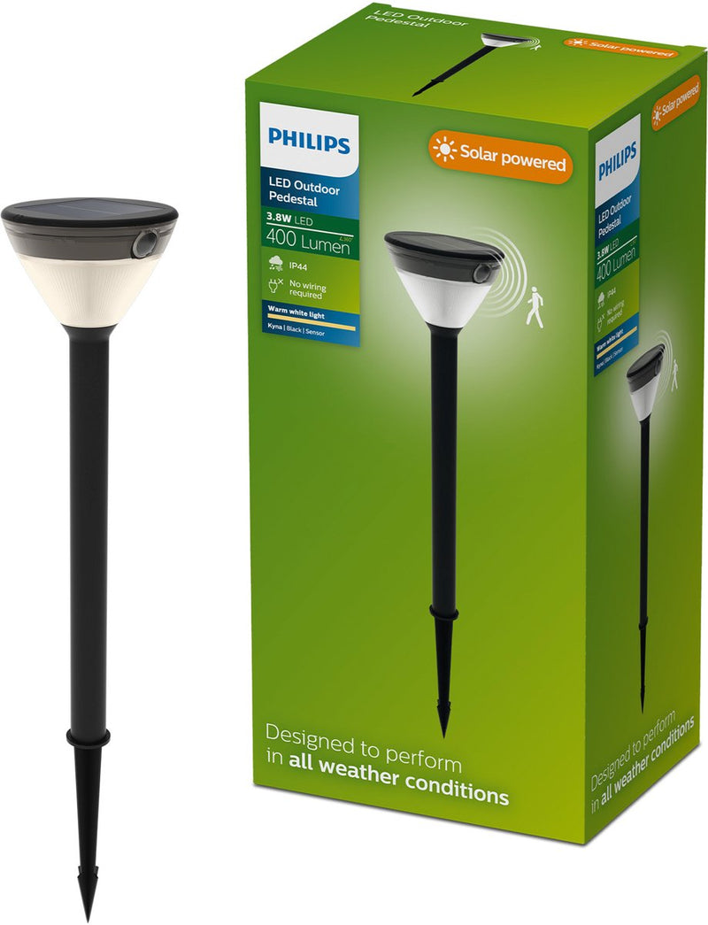 Lampe sur pied solaire Philips LED Philips Kyna - énergie solaire - lumière blanc chaud : 2700k - noir - deux modes d'éclairage - capteur crépusculaire - détecteur de mouvement - IP44 : résistant aux intempéries - éclairage extérieur solaire