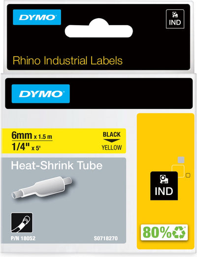 Étiquettes de tubes thermorétractables industriels Dymo rhino | 6 mm x 1,5 m | impression noire sur jaune | pour imprimantes d'étiquettes rhino