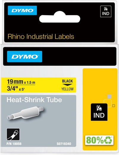 Étiquettes de tubes thermorétractables industriels Dymo rhino | 19 mm x 1,5 m | impression noire sur jaune | pour imprimantes d'étiquettes rhino