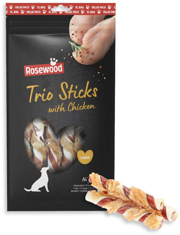 Bâtonnets trio de palissandre pour chien, poulet, grand - bâtonnets à mâcher robustes en peau de vache - pack économique 800 g - sans céréales - sans additifs artificiels